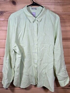 Chico's Women's Linen Button-Up Top 2XL XXL Lime Green Coastal Lagenlook Beachy
